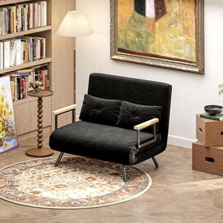 Sofá Cama de 2 Plazas con Respaldo Regulable en 5 Niveles, Sofá Cama Matrimonial Plegable con 2 Cojines para Sala de Estar, en Tejido Acolchado, Acero y Madera, 102X73X81 Cm, Negro