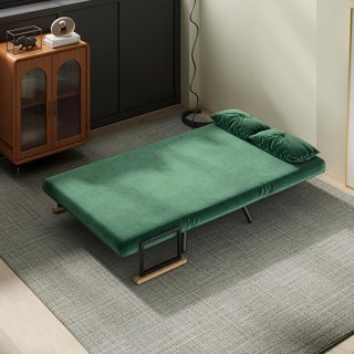 Sofá Cama de 2 Plazas con Respaldo Regulable en 5 Niveles, Sofá Cama Matrimonial Plegable con 2 Cojines para Sala de Estar, en Tejido Acolchado, Acero y Madera, 102X73X81 Cm, Verde