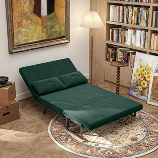 Sofá Cama de 2 Plazas con Respaldo Regulable en 5 Niveles, Sofá Cama Matrimonial Plegable con 2 Cojines para Sala de Estar, en Tejido Acolchado, Acero y Madera, 102X73X81 Cm, Verde