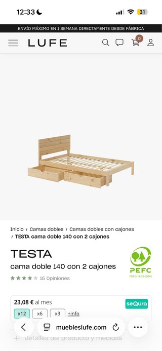 Cama Madera Maciza + Colchón 140x200