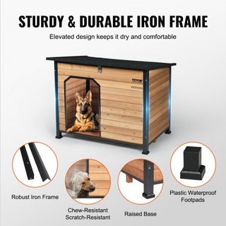 Casa para Perros al Aire Libre, Casa para Perros Aislada e Impermeable con Suelo Elevado, Casa para Perros de Madera Antimordeduras con Estructura de Hierro, Techo Abierto, para Perros Medianos a ...