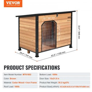 Casa para Perros al Aire Libre, Casa para Perros Aislada e Impermeable con Suelo Elevado, Casa para Perros de Madera Antimordeduras con Estructura de Hierro, Techo Abierto, para Perros Medianos a ...