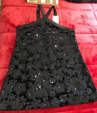 Vestido Zara Negro Flores Lentejuelas Talla XL