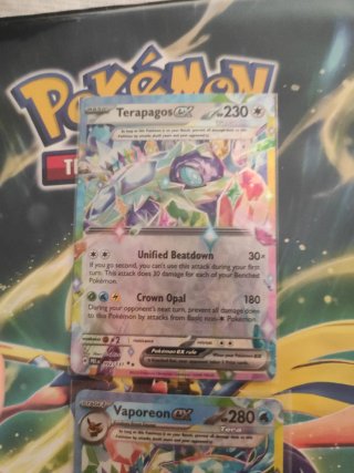 2 Cartas Pokémon Terapagos EX y Vaporeon EX