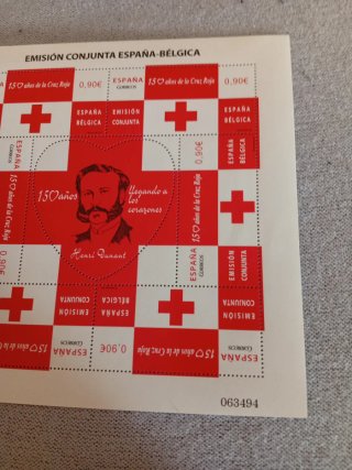 Pliego Sellos Cruz Roja España-Bélgica 150 Años