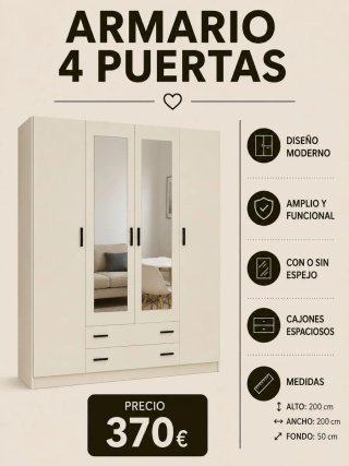 Armario 4 Puertas Blanco con Espejo