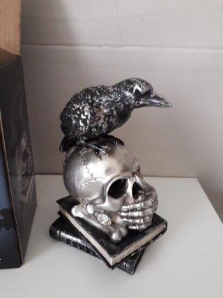 Figura calavera cuervo y libros