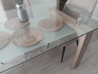 Mesa de comedor cristal y madera