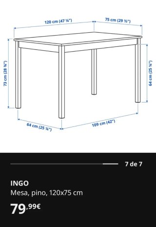 Mesa de comedor madera Pino 120x75 INGO Ikea