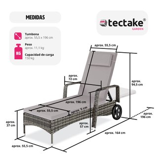 Tumbona de ratán y aluminio ajustable en 6 posiciones y cojín gris