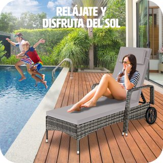 Tumbona de ratán y aluminio ajustable en 6 posiciones y cojín gris