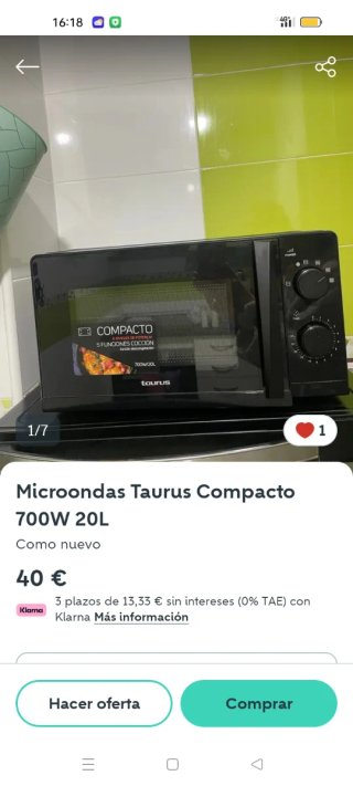 Microondas Taurus Compacto 700W 20L