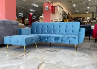 Sofá Cama Clic Clac con Puf Azul Terciopelo