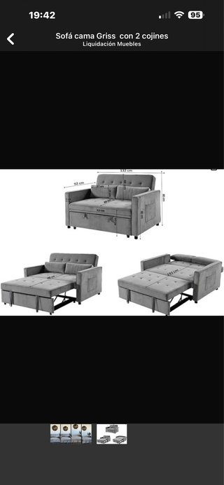 Sofá cama gris con 2 cojines