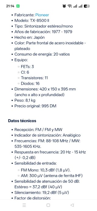 Pioneer TX-8500 II Receptor Estéreo Plata
