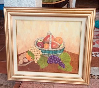 Cuadro Bodegón Frutas Cesta Madera Dorado