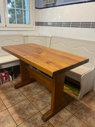Conjunto mesa y banco esquinero madera vintage