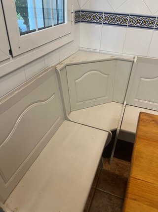 Conjunto mesa y banco esquinero madera vintage