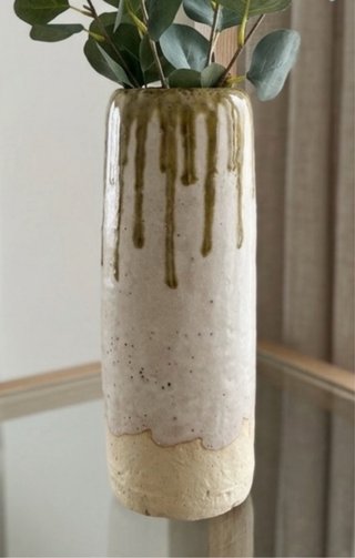 Jarrón Cerámica Artesanal Beige y Verde