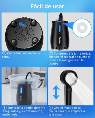 SPOPAL Ducha Portátil 8000mAh LED 5 Velocidades