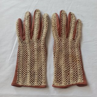 Guantes vintage piel y ganchillo beige/marrón
