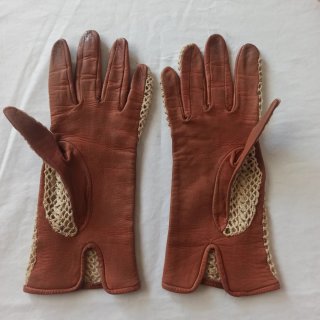 Guantes vintage piel y ganchillo beige/marrón