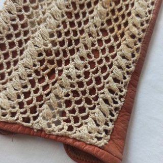Guantes vintage piel y ganchillo beige/marrón