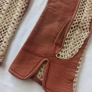 Guantes vintage piel y ganchillo beige/marrón