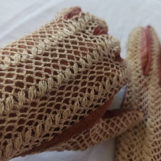 Guantes vintage piel y ganchillo beige/marrón