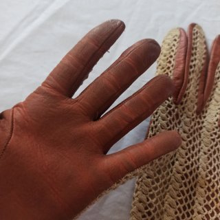 Guantes vintage piel y ganchillo beige/marrón