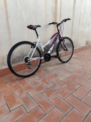 Bicicleta de montaña morada y blanca