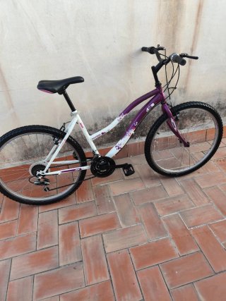 Bicicleta de montaña morada y blanca