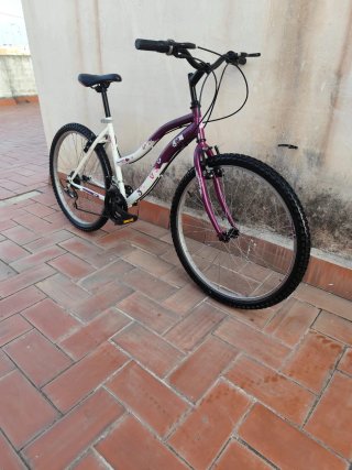 Bicicleta de montaña morada y blanca