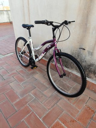 Bicicleta de montaña morada y blanca