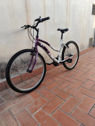 Bicicleta de montaña morada y blanca