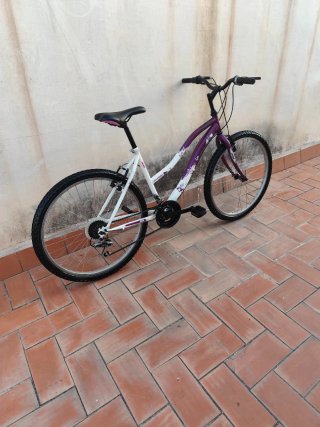 Bicicleta de montaña morada y blanca