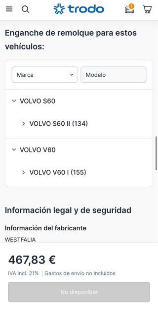 Enganche remolque WESTFALIA - Volvo V60 I y S60 II