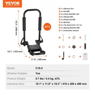 Portaequipajes para Kayak 1 Par J-Bar, Portaequipajes Suave Plegable Rápido, Montaje Superior con Amarre, Transportador para kayak, Tabla de Surf, Canoa, SUP, Tabla de Esquí, Montaje en Coche, SUV...