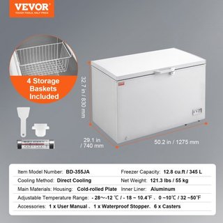 Congelador Horizontal, 12.8 pies cúbicos / 345 L Gran Congelador Profundo & 4 Cestas Extraíbles, Congeladores Comerciales de Puerta Superior Independientes con Tapa con Cerradura, Temperatura Ajus...