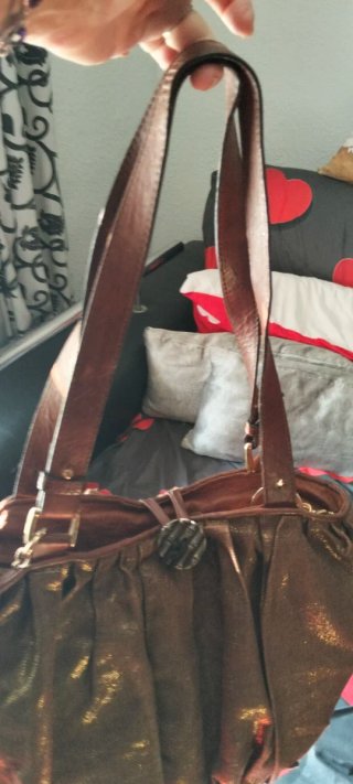 Bolso grande cuero y tela marrón dorado ,bandolera