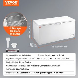Congelador Horizontal, 17.2 pies cúbicos / 488 L Gran Congelador Profundo & 4 Cestas Extraíbles, Congeladores Comerciales de Puerta Superior Independientes con Tapa con Cerradura, Temperatura Ajus...