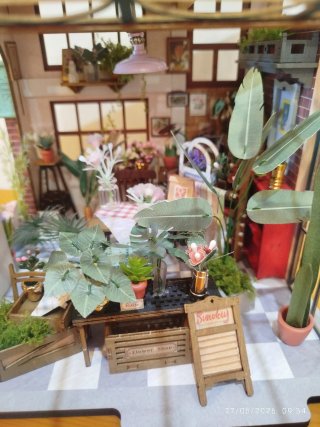 Casa de muñecas invernadero con plantas