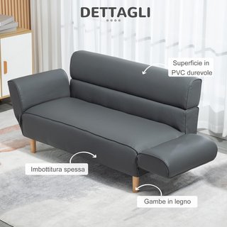 Sofá de 2 Plazas Convertible en Sofá Cama Individual con Brazos Regulables, Tapizado Efecto Piel Gris, 164X71X75Cm