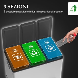 Papelera de Cocina con 3 Compartimentos de 20L a Pedal, Cesto de Basura con 3 Tapa de Cierre Silencioso en Acero Inoxidable y PP, 61.9X36.6X56.7 Cm, Plata