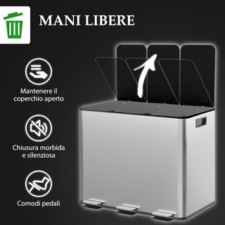 Papelera de Cocina con 3 Compartimentos de 20L a Pedal, Cesto de Basura con 3 Tapa de Cierre Silencioso en Acero Inoxidable y PP, 61.9X36.6X56.7 Cm, Plata