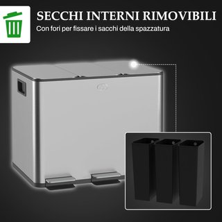 Papelera de Cocina con 3 Compartimentos de 20L a Pedal, Cesto de Basura con 3 Tapa de Cierre Silencioso en Acero Inoxidable y PP, 61.9X36.6X56.7 Cm, Plata