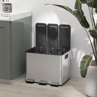 Papelera de Cocina con 3 Compartimentos de 20L a Pedal, Cesto de Basura con 3 Tapa de Cierre Silencioso en Acero Inoxidable y PP, 61.9X36.6X56.7 Cm, Plata