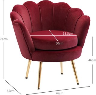Poltrona concha, poltrona vintage, poltrona per camera da letto e soggiorno, design elegante, con schienale alto, 76X67X74Cm, rosso scuro