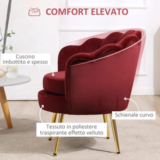 Poltrona concha, poltrona vintage, poltrona per camera da letto e soggiorno, design elegante, con schienale alto, 76X67X74Cm, rosso scuro