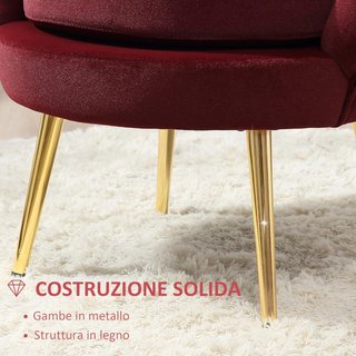 Poltrona concha, poltrona vintage, poltrona per camera da letto e soggiorno, design elegante, con schienale alto, 76X67X74Cm, rosso scuro